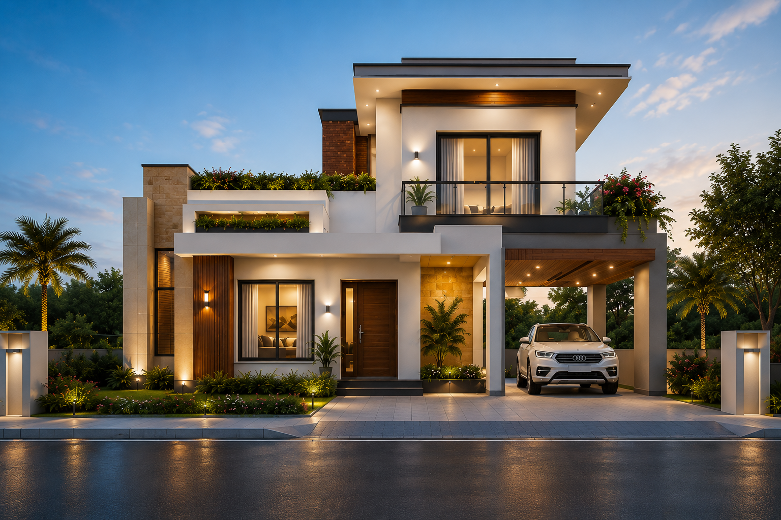 Silicon Valley Prime villa front elevation, evening view