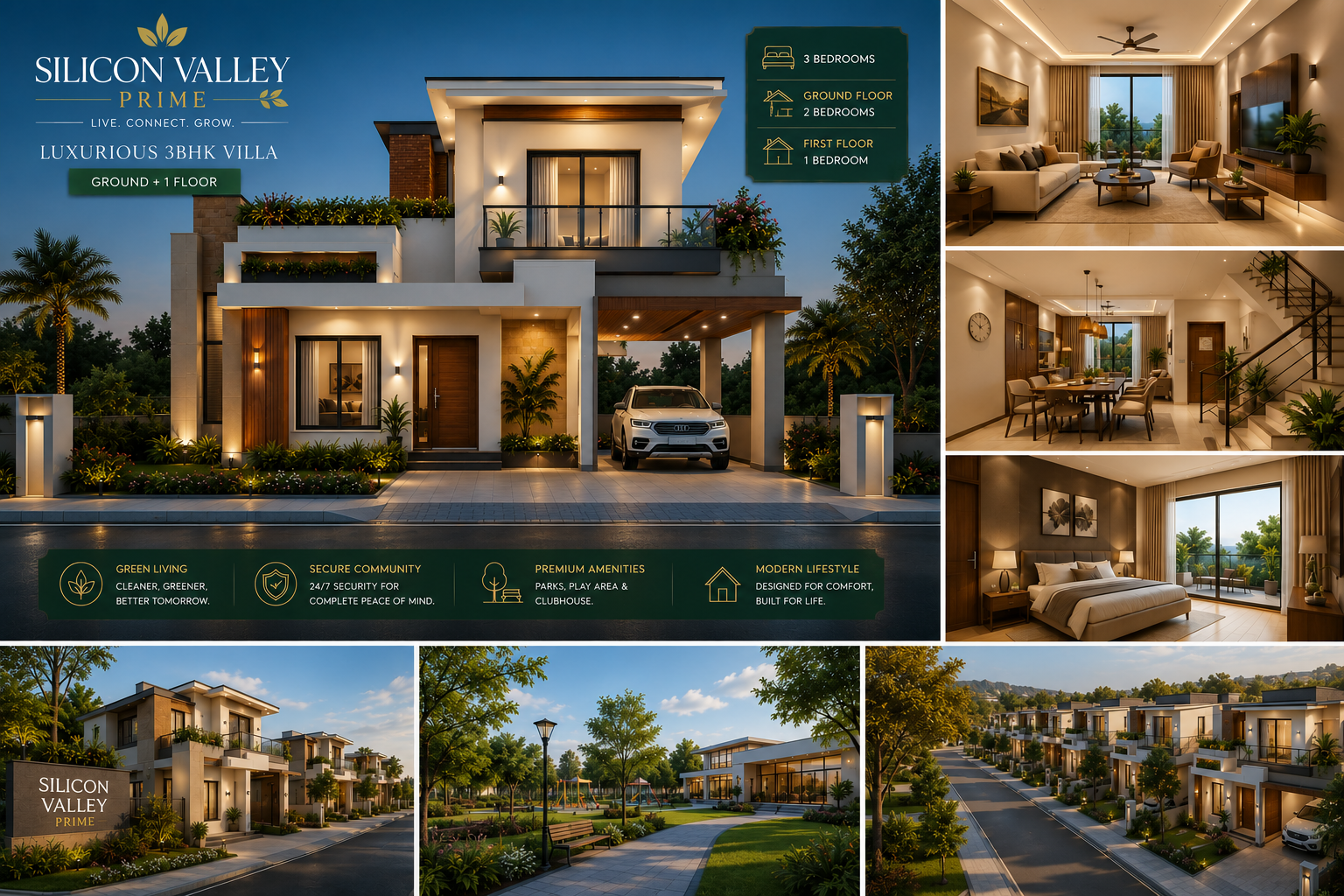 Silicon Valley Prime luxurious 3BHK villa overview collage with floor plan highlights and amenities