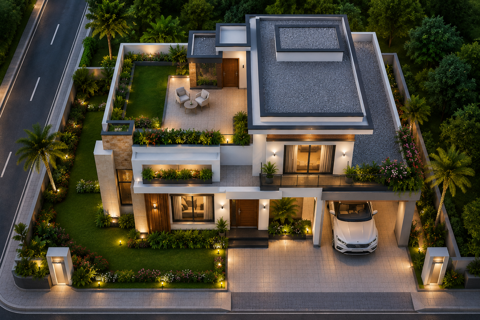Aerial night view of Silicon Valley Prime villa concept